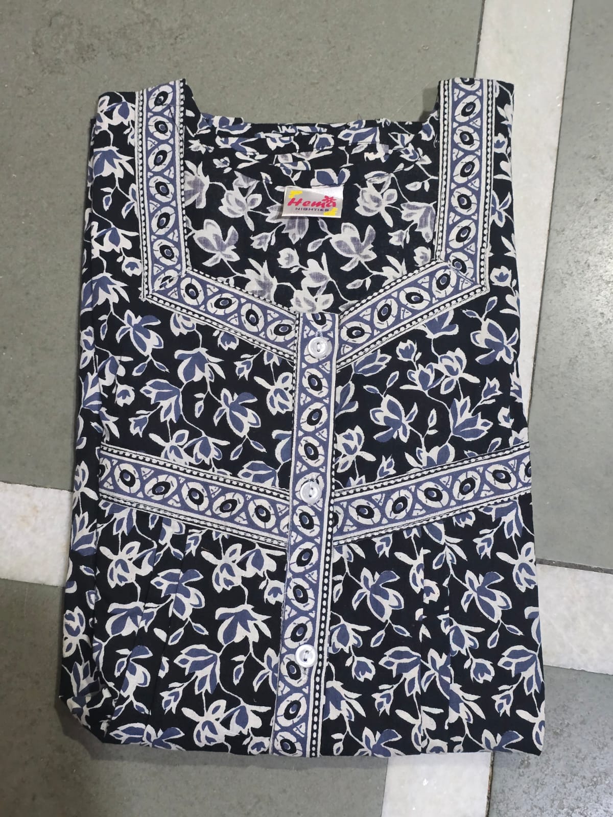 Black Printed Cotton Nighty