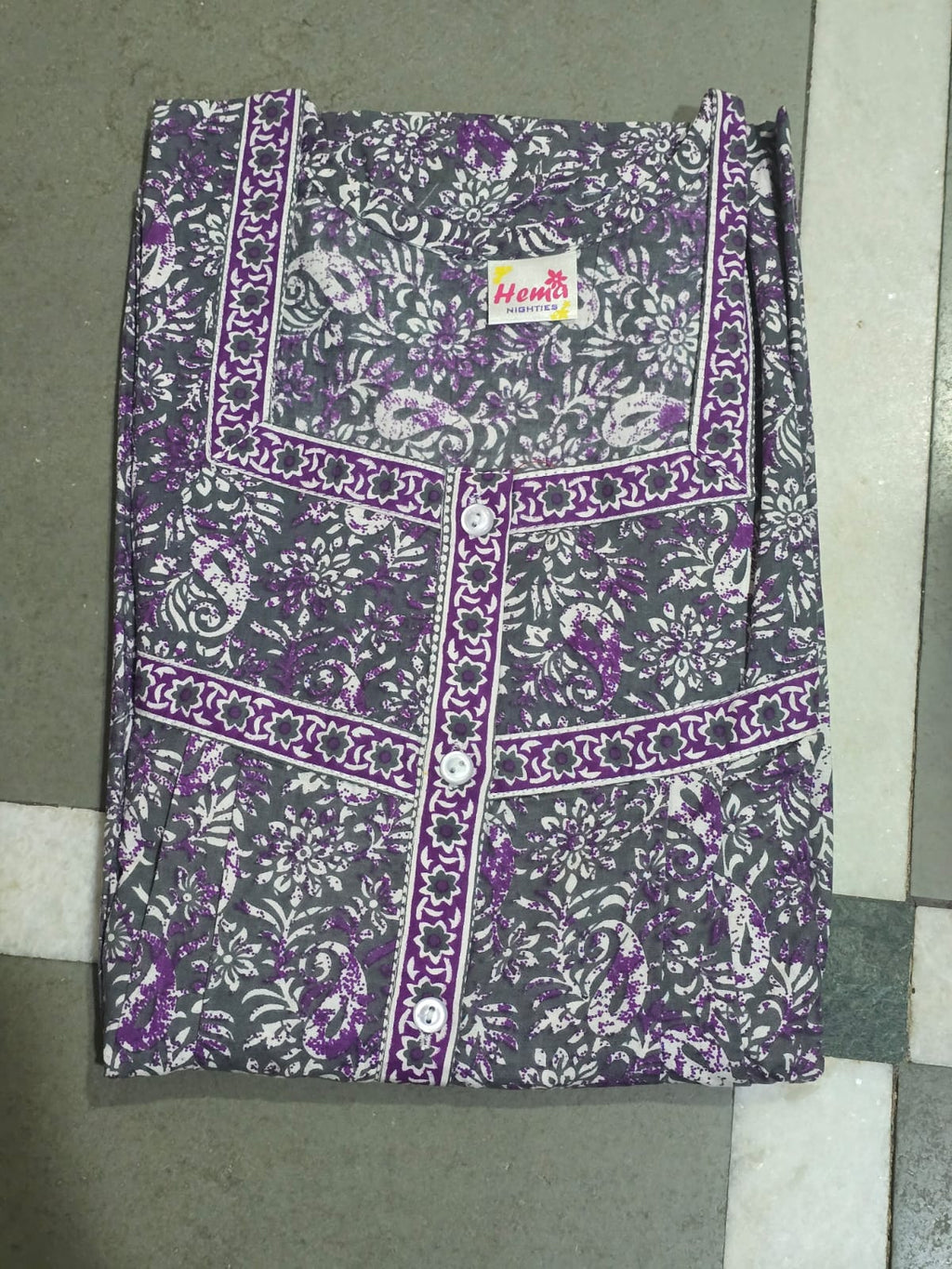 Women’s Cotton Nighty – Grey &amp; Purple Floral Print Night Gown with Designer Panel Yoke