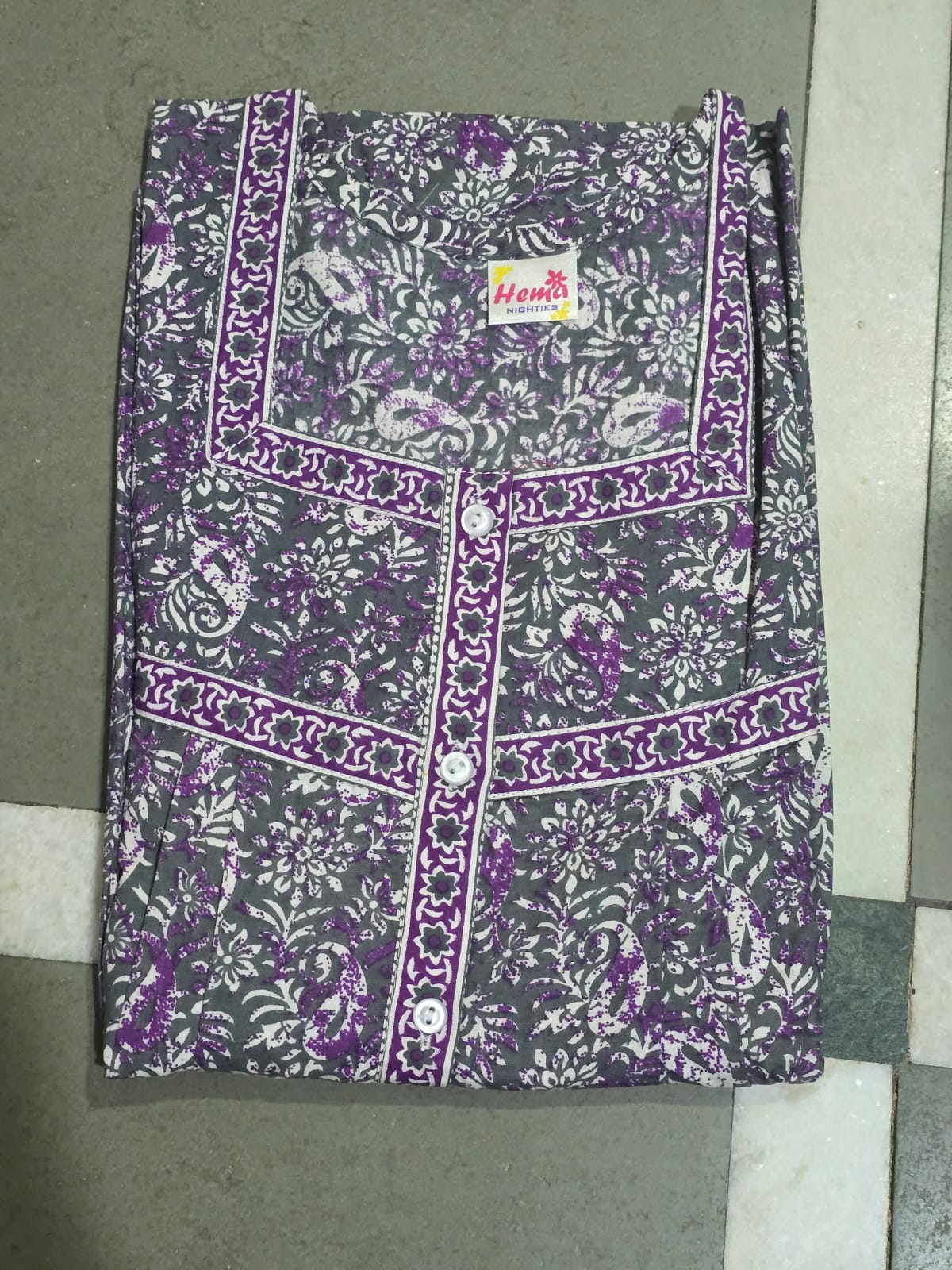 Women’s Cotton Nighty – Grey &amp; Purple Floral Print Night Gown with Designer Panel Yoke