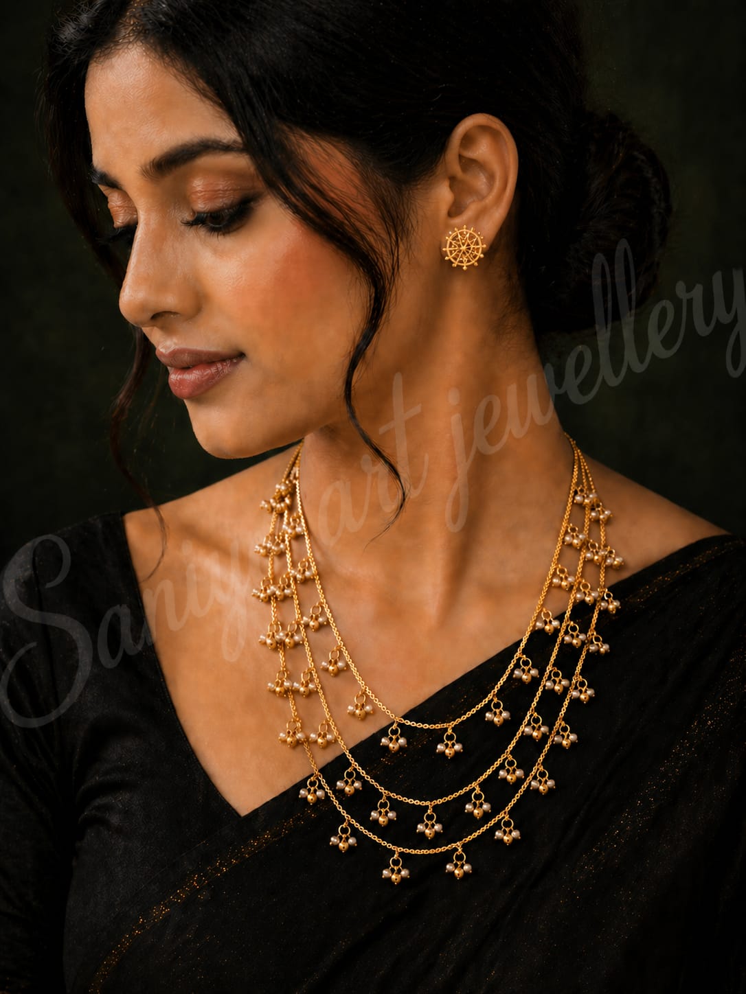 Layered Gold-Plated Pearl Drop Necklace Set – Elegant Multi-Layer Chain Jewellery with Stud Earrings | Party & Festive Wear