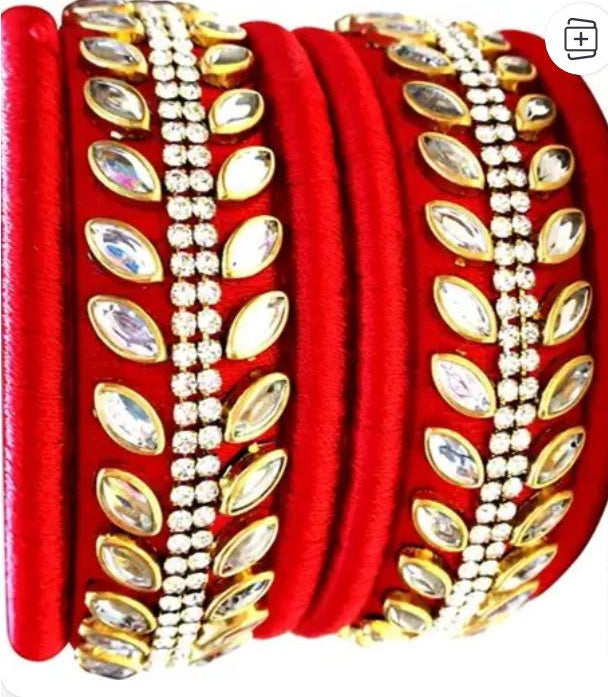 Premium Red Silk Thread Bangles Set for Women | Designer Kundan Bridal Bangles with Stone Work