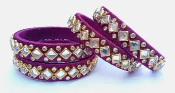 Royal Purple Silk Thread Bangles Set for Women | Handmade Designer Kundan Bridal Bangles