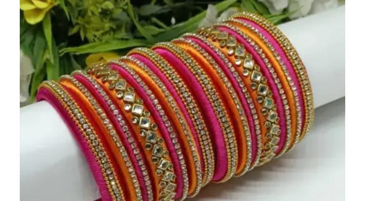 Premium Pink & Orange Silk Thread Bangles Set for Women | Designer Handmade Ethnic Bridal Bangles